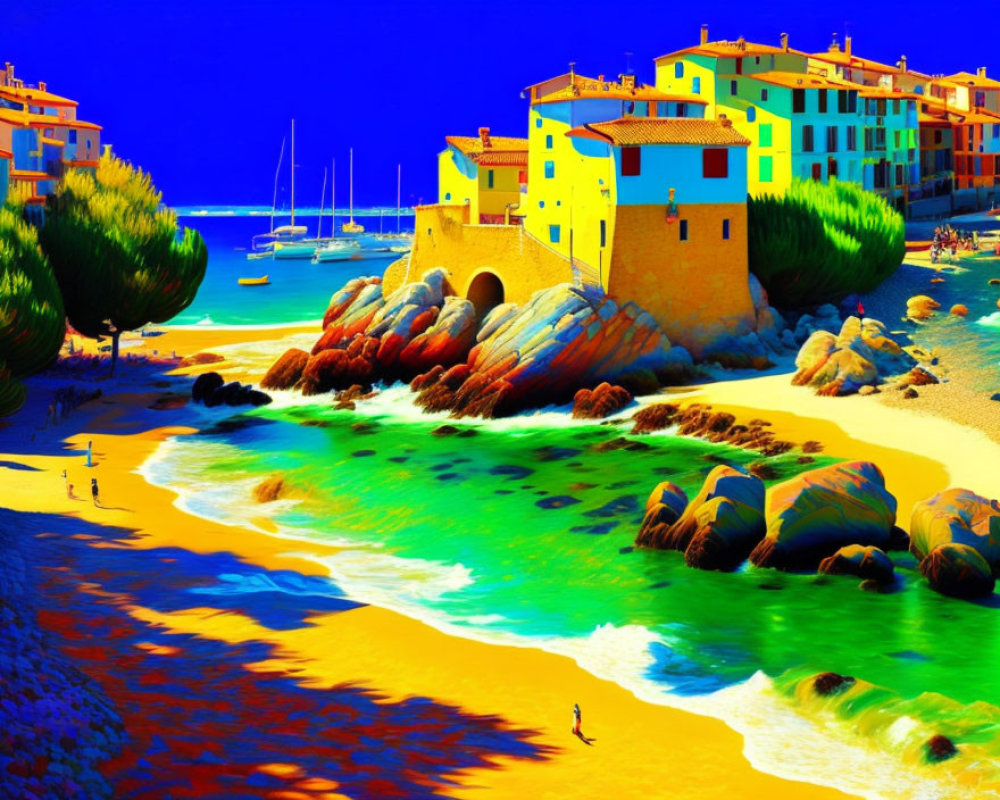 Colorful Coastal Scene with Buildings, Turquoise Sea, Sandy Beach, and Boats