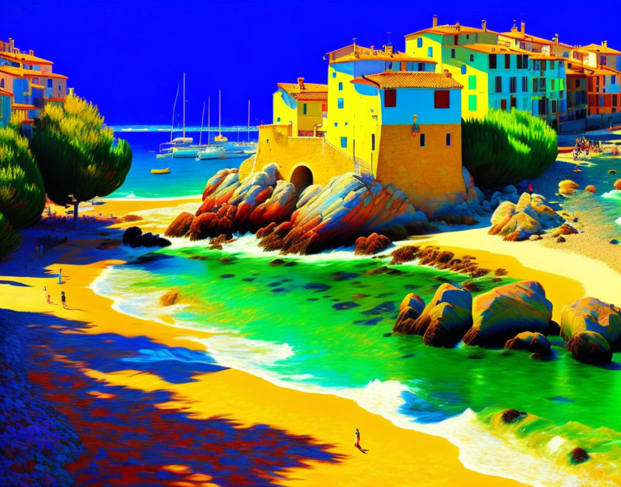 Colorful Coastal Scene with Buildings, Turquoise Sea, Sandy Beach, and Boats