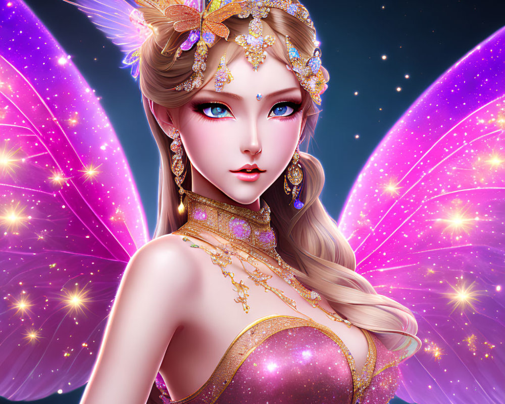 Fantasy illustration: fairy with purple wings, gold tiara, jewelry, starry night.