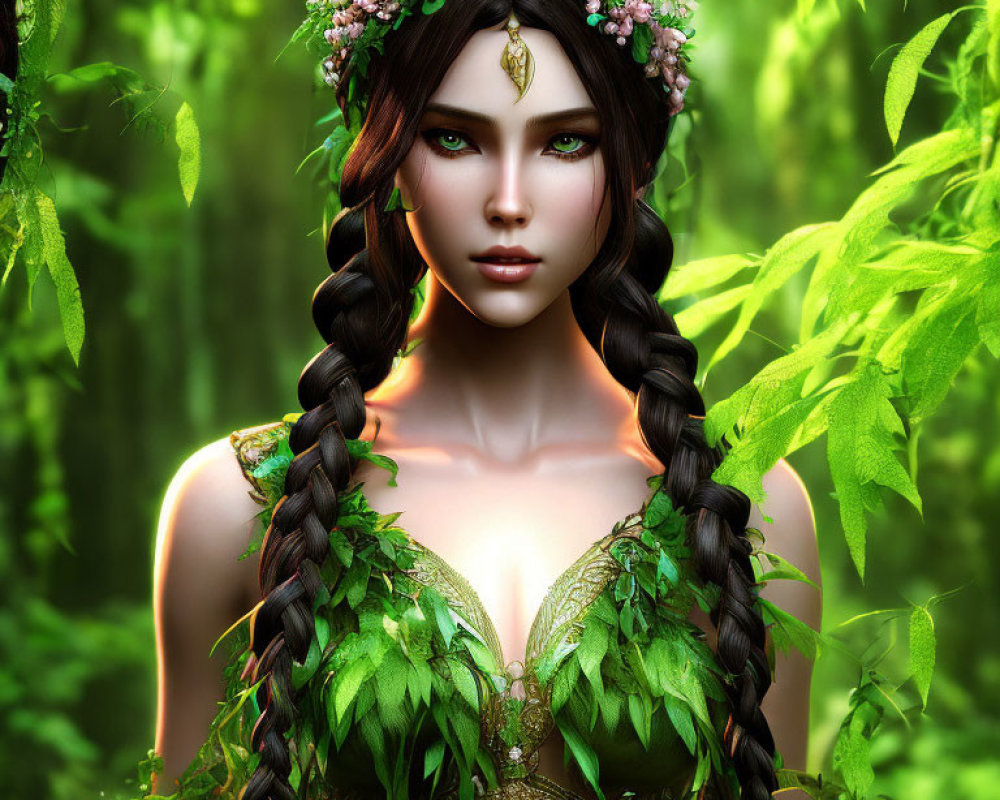 Fantasy image of woman with braided hair and floral crown in forest.