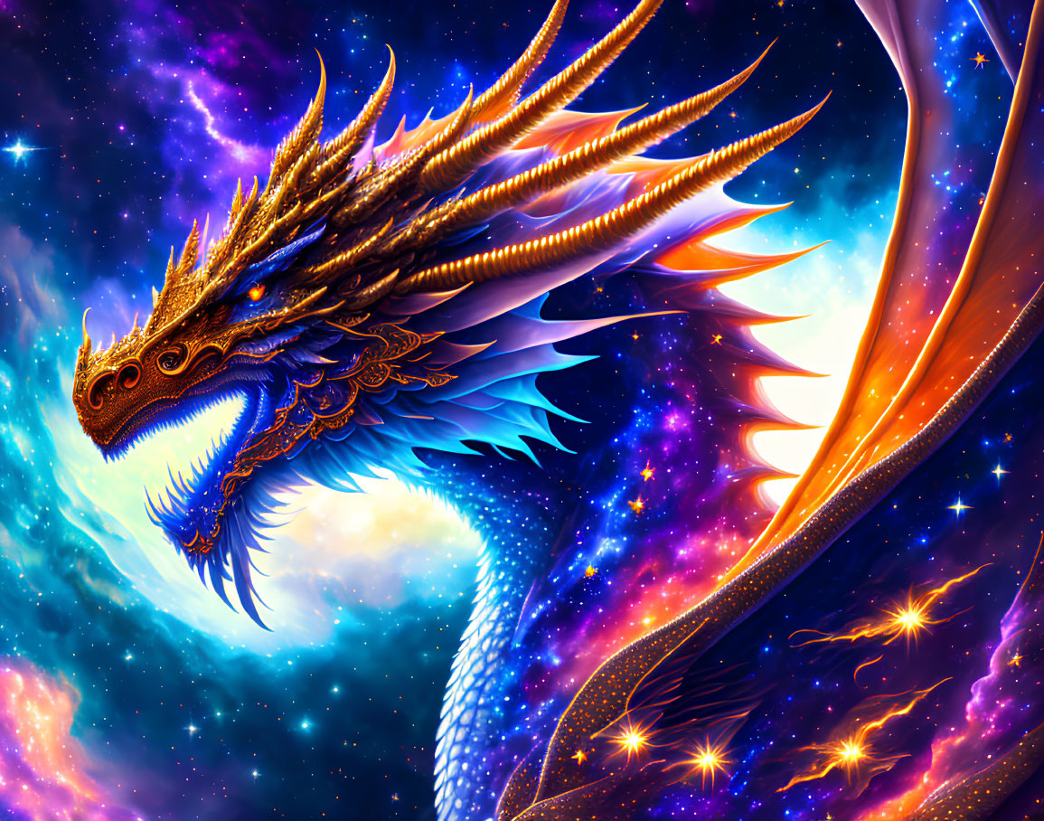 Golden Dragon Flying in Cosmic Sky with Stars and Nebulous Clouds