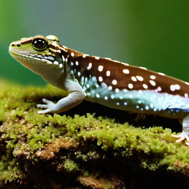 Colorful Gecko on Moss with Blue Spots and Stripes in Forest Setting