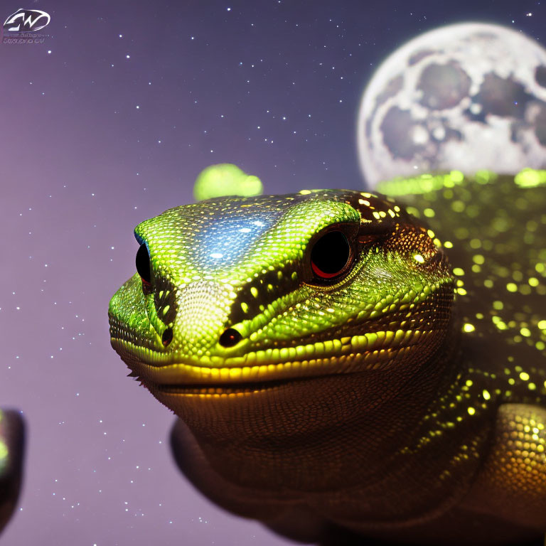 Green gecko under starry sky with sparkling skin and glistening eyes