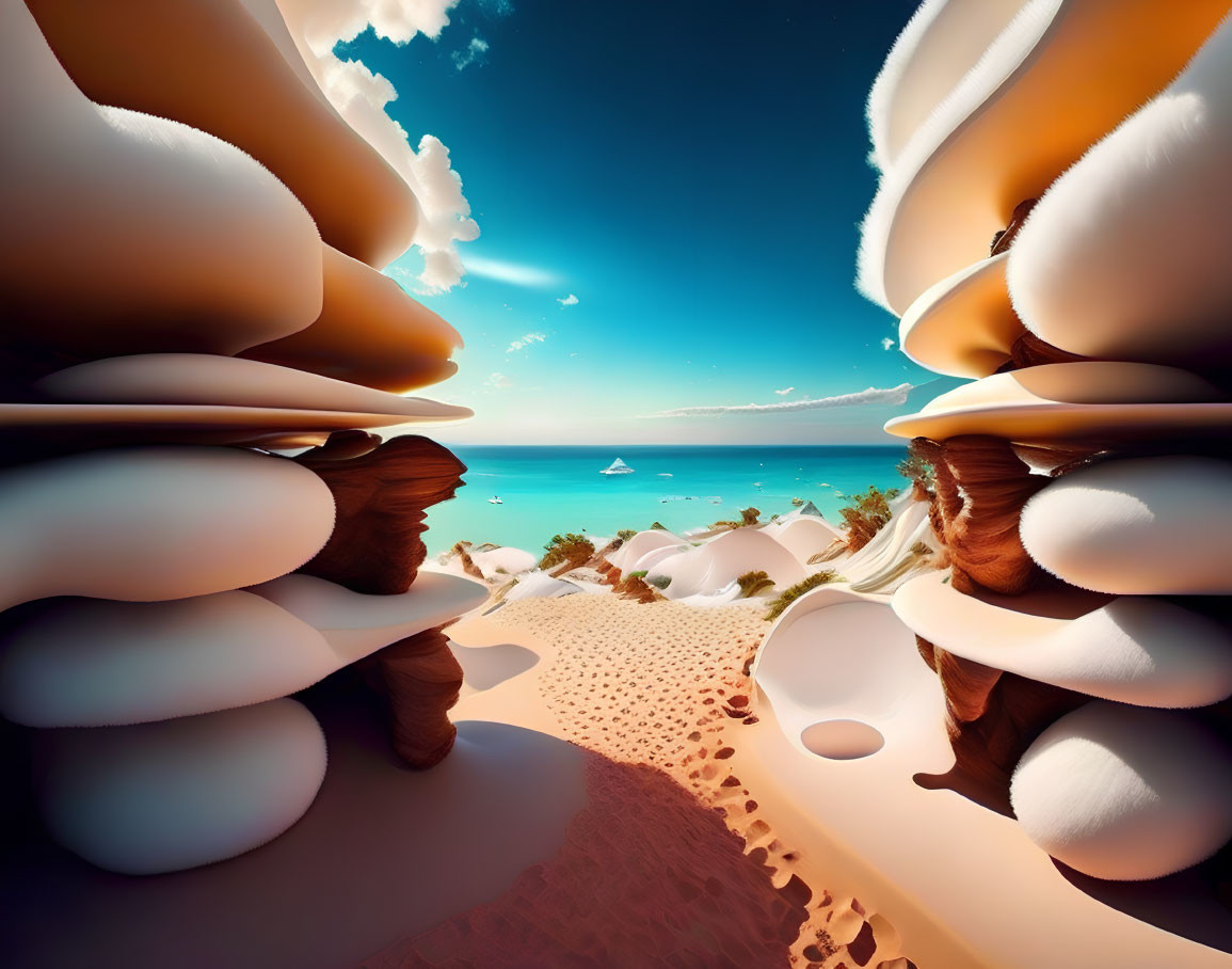 Colossal layered rock formations in surreal desert landscape