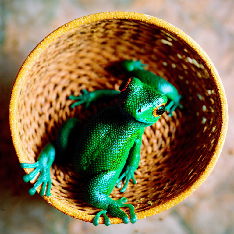 Green Toy Frog in Woven Brown Basket with Textured Skin and Orange Eyes