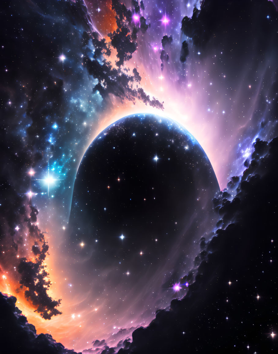 Colorful Galactic Clouds and Nebulae Surround Silhouetted Planet