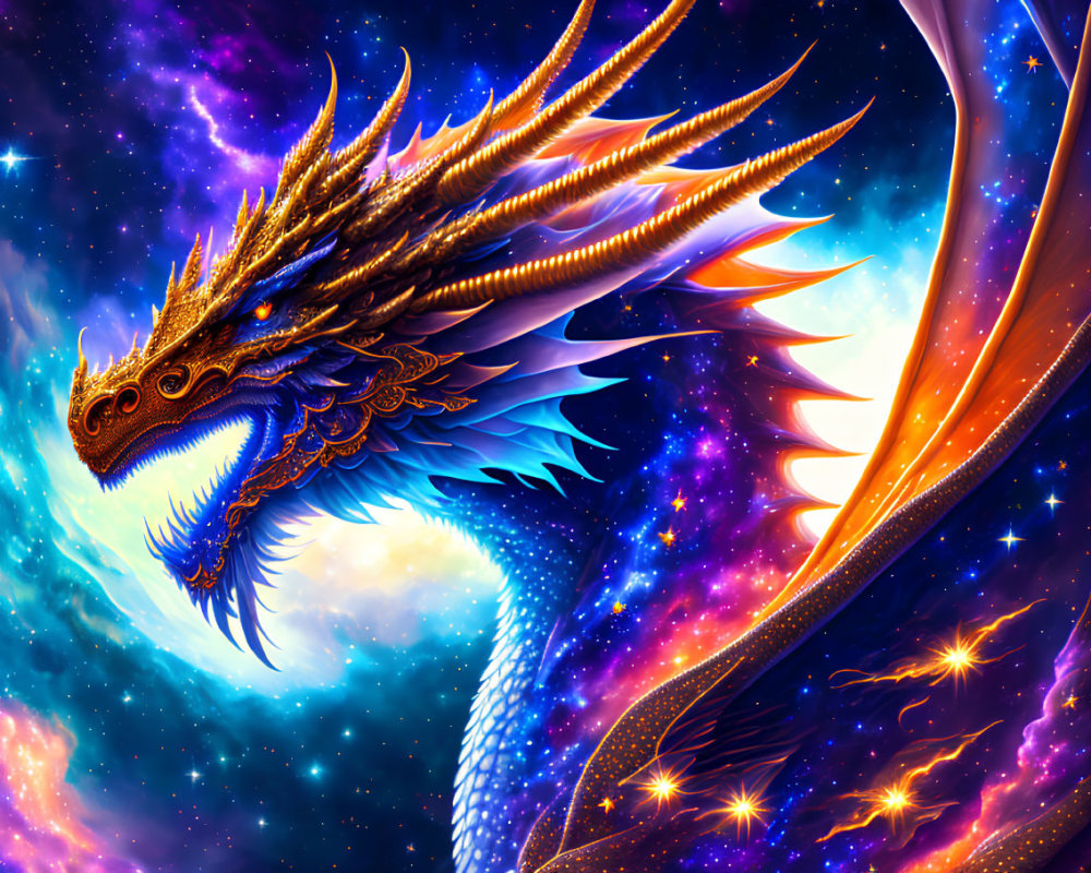 Golden Dragon Flying in Cosmic Sky with Stars and Nebulous Clouds