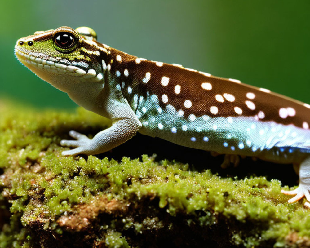 Colorful Gecko on Moss with Blue Spots and Stripes in Forest Setting