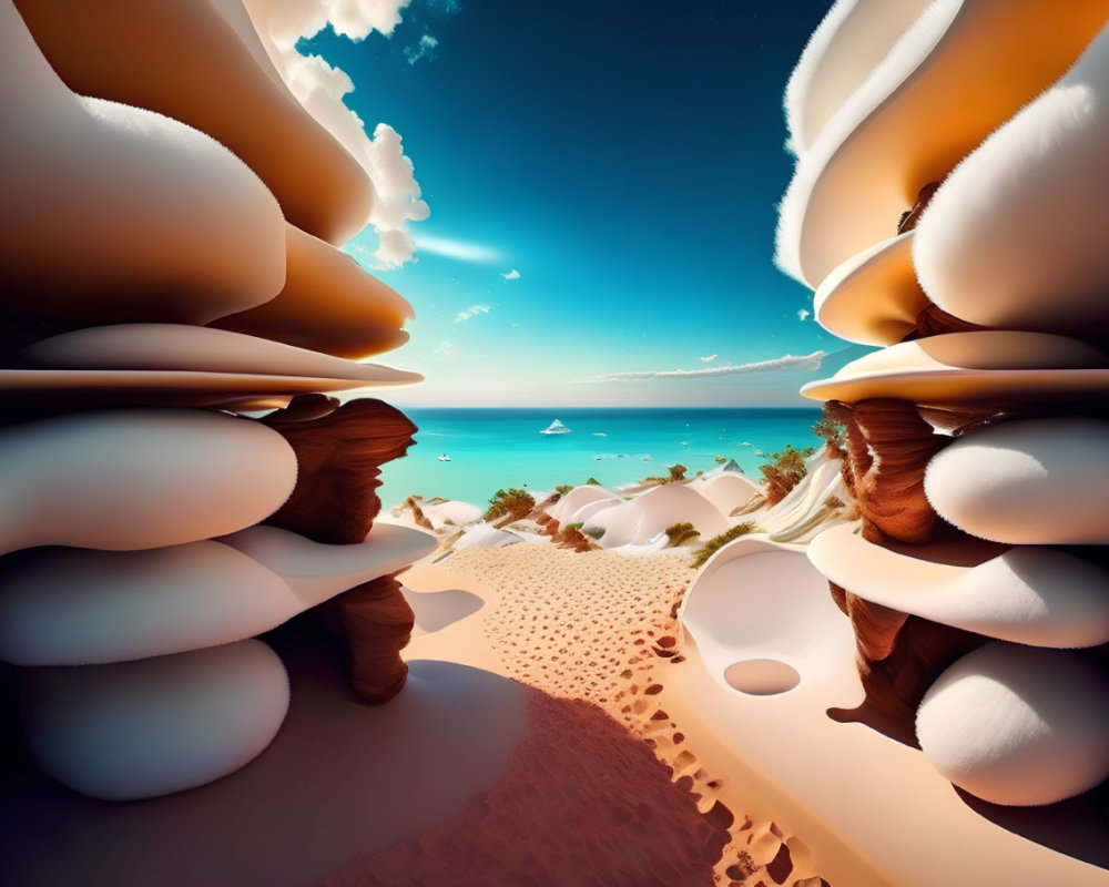 Colossal layered rock formations in surreal desert landscape