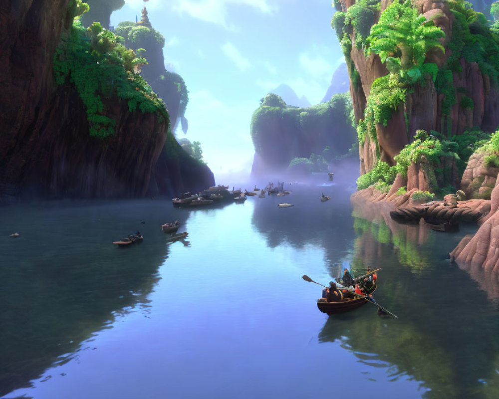 Tranquil animated river scene with boats, green cliffs, and blue sky