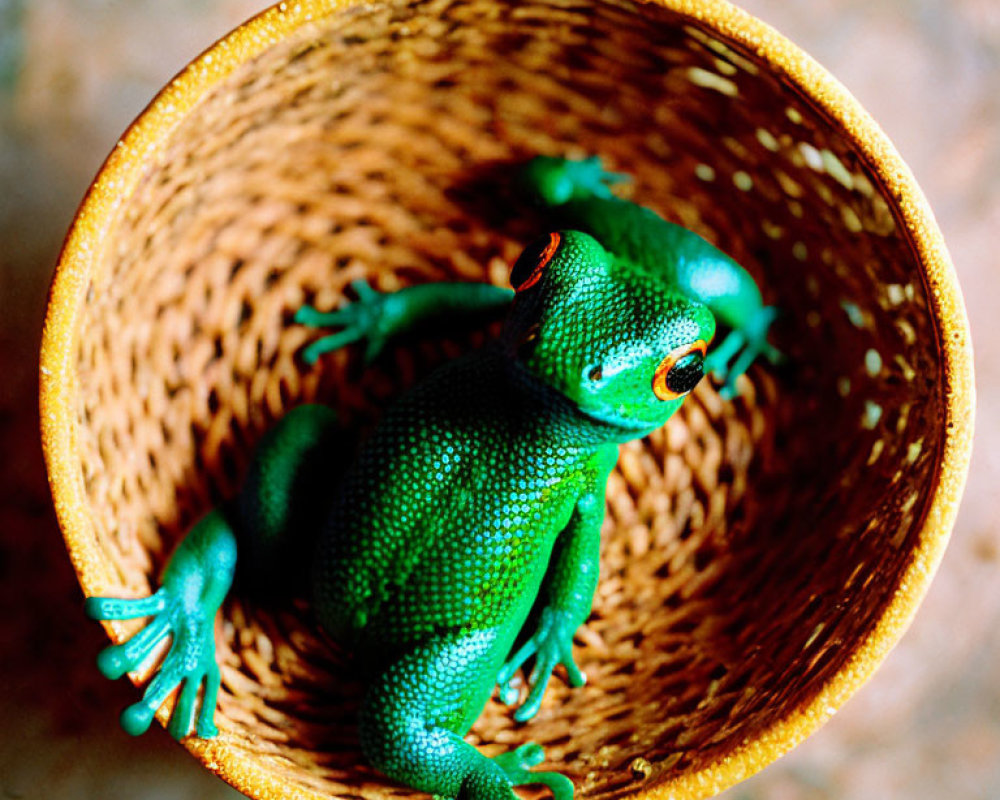 Green Toy Frog in Woven Brown Basket with Textured Skin and Orange Eyes