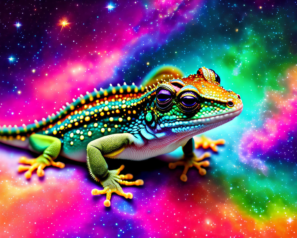 Colorful Gecko with Intricate Patterns on Psychedelic Galaxy Background