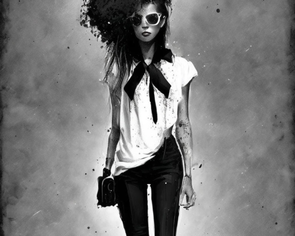 Monochrome stylish woman with disintegrating hair and sunglasses in edgy artwork