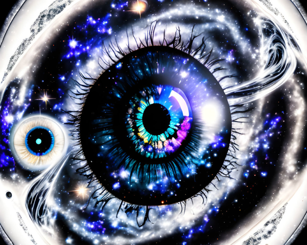 Surreal digital artwork: Galaxy-themed eye with cosmic elements