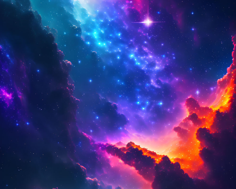 Colorful Cosmic Scene with Blue, Purple, and Red Nebulae, Stars, and Celestial