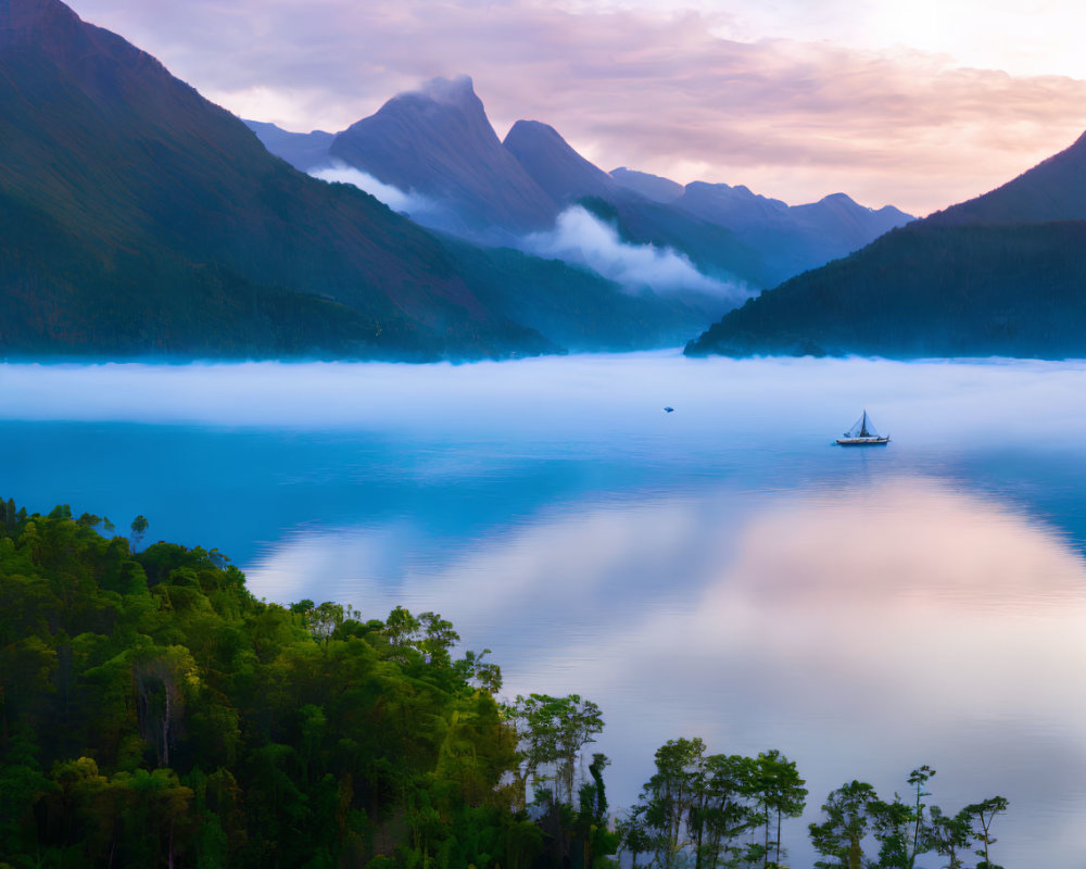 Tranquil lake with mountains and sailboat at sunrise