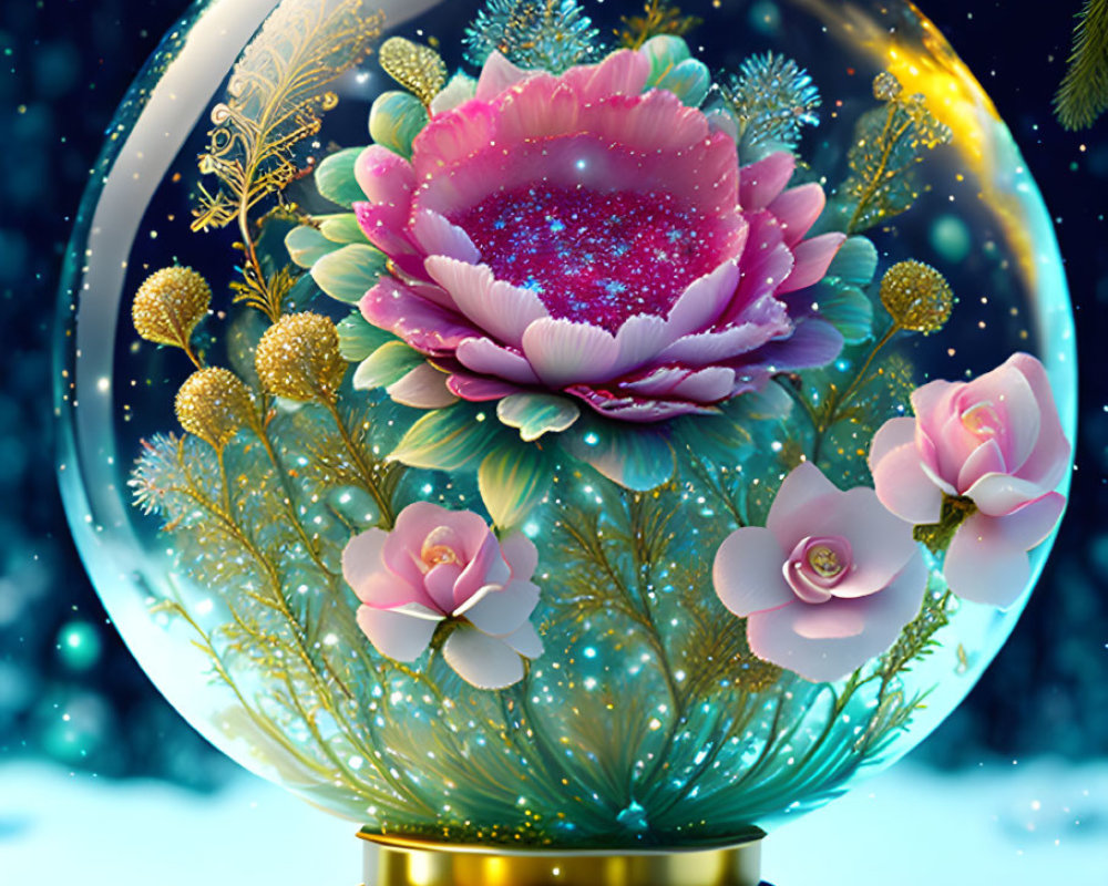 Vibrant pink flower snow globe with golden details on starry night backdrop