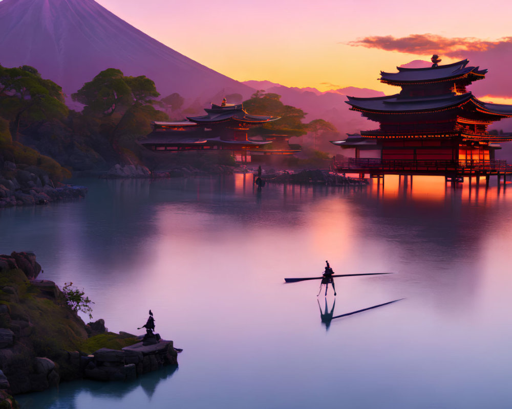 Person rowing boat on tranquil lake with Japanese pagodas and Mount Fuji.