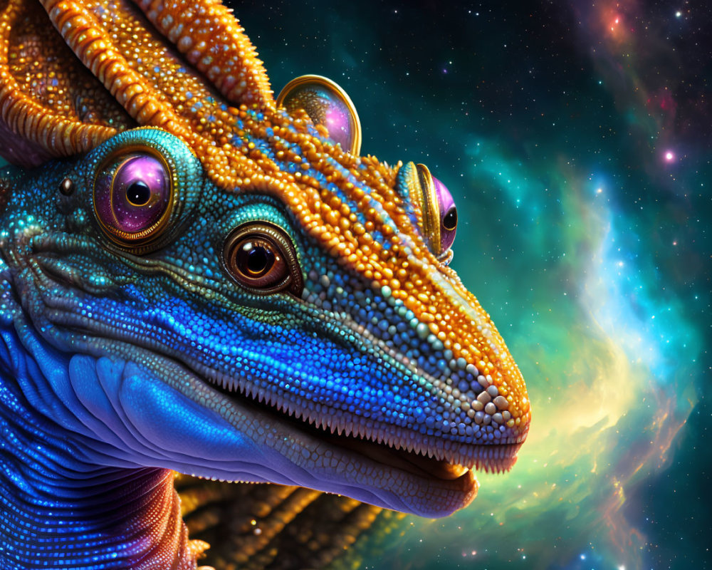 Detailed illustration of vibrant textured reptilian creature with multiple eyes on cosmic background