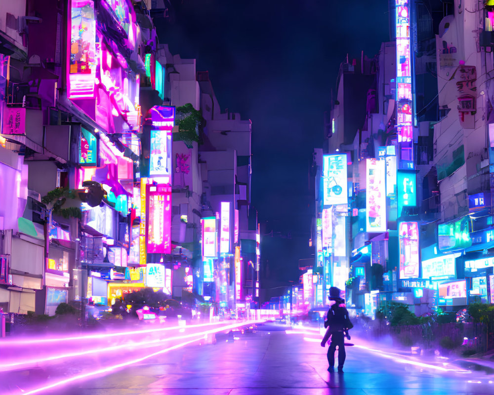 Neon-lit street scene with person at night