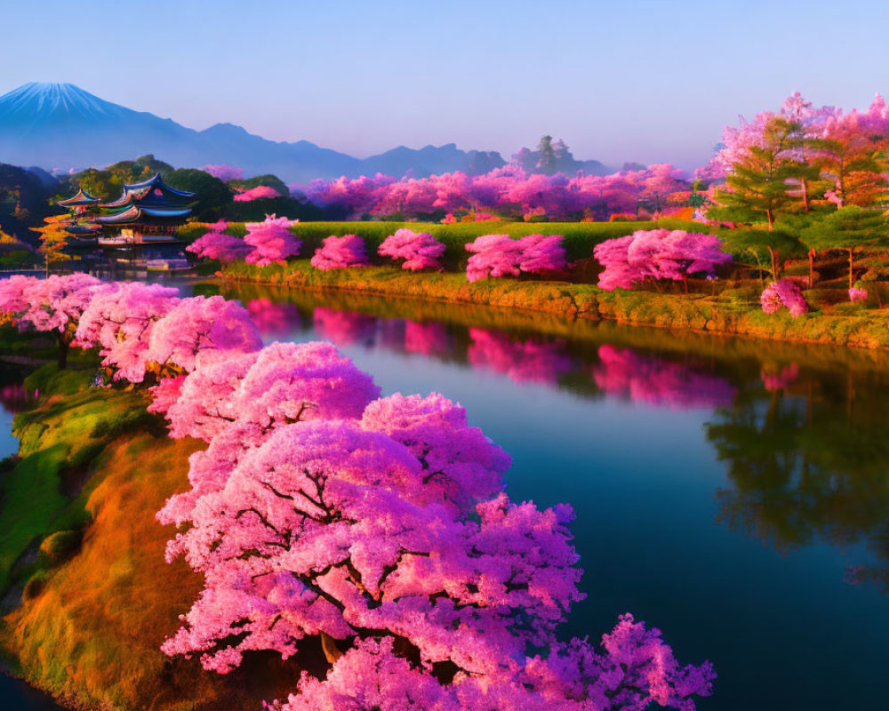 Pink Cherry Blossoms Surround River and Pavilion with Mount Fuji View