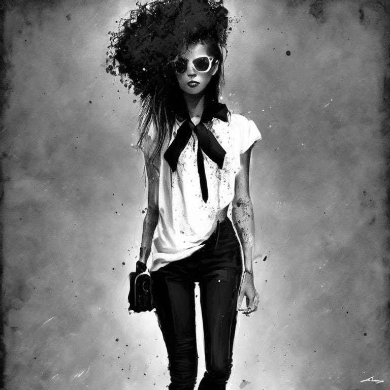 Monochrome stylish woman with disintegrating hair and sunglasses in edgy artwork