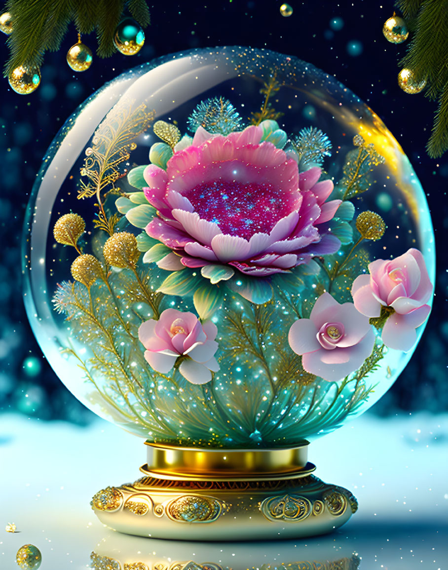 Vibrant pink flower snow globe with golden details on starry night backdrop