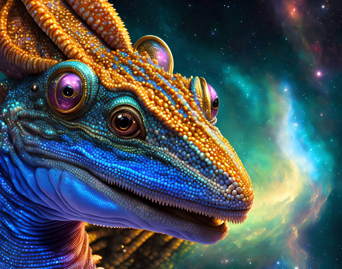 Detailed illustration of vibrant textured reptilian creature with multiple eyes on cosmic background