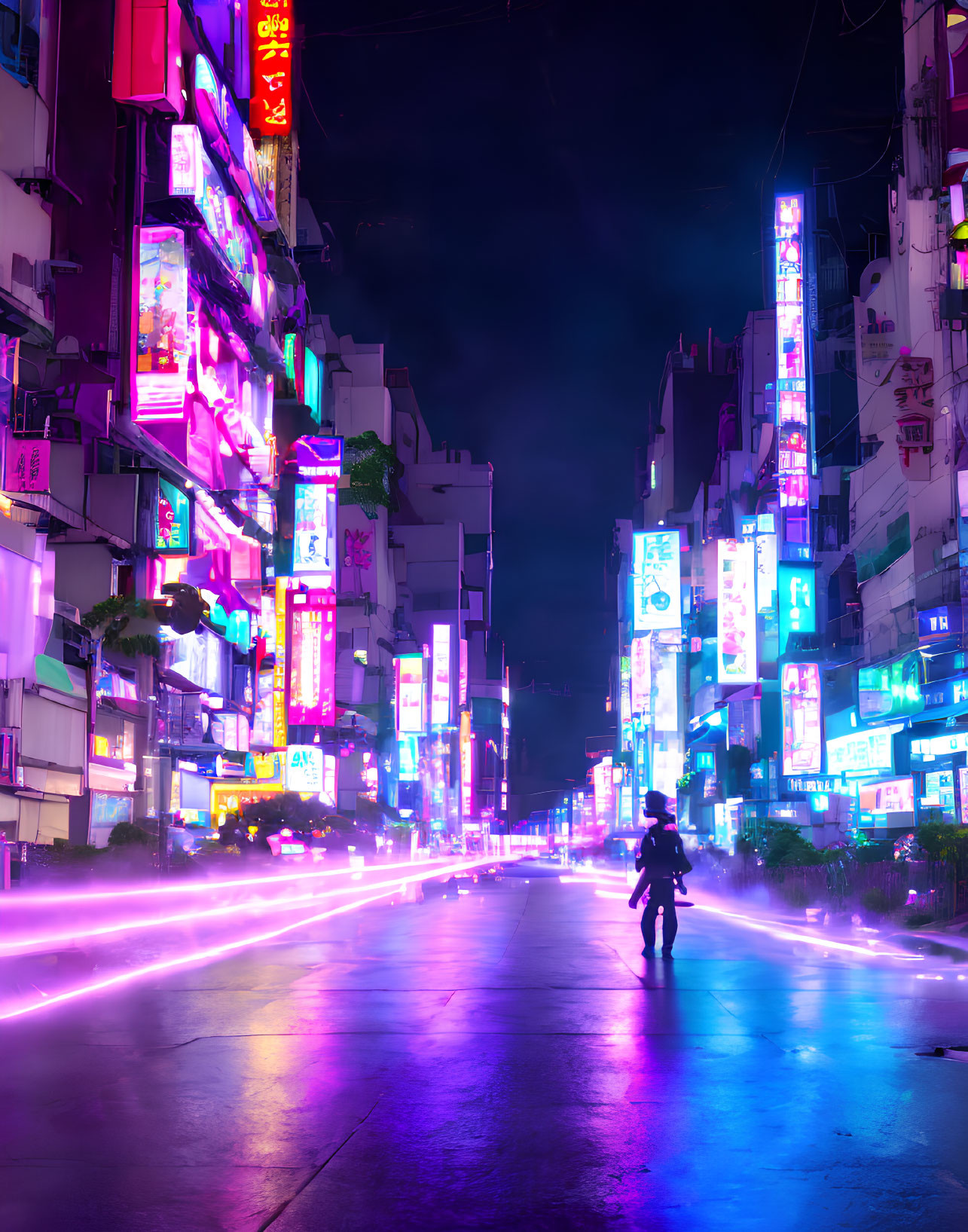 Neon-lit street scene with person at night