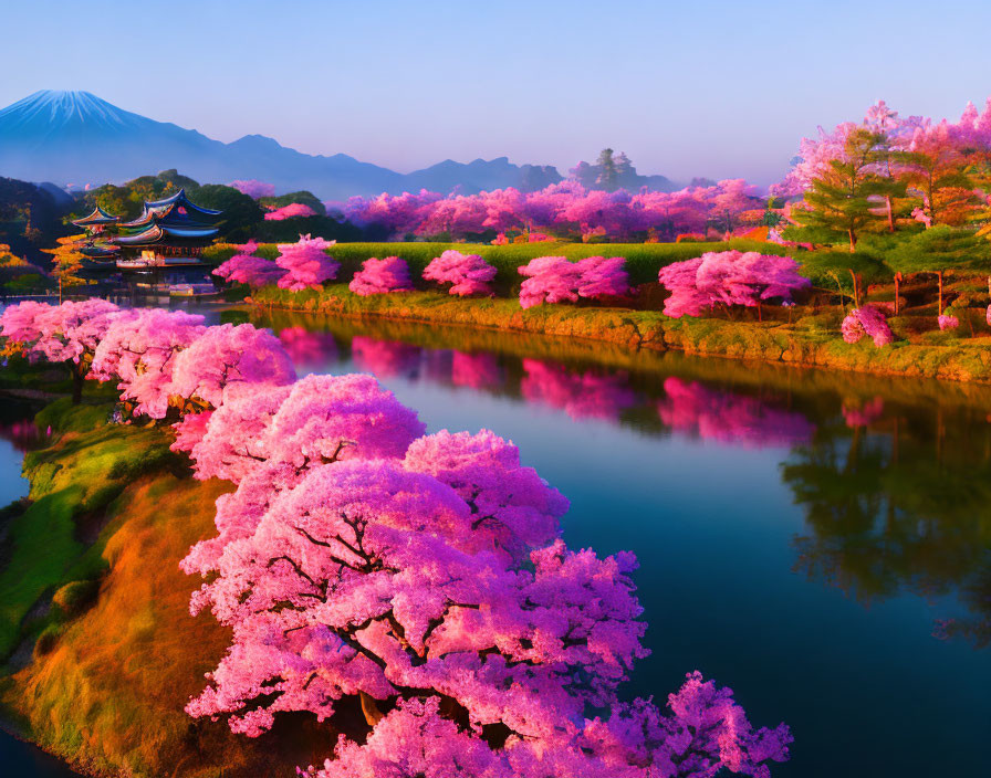 Pink Cherry Blossoms Surround River and Pavilion with Mount Fuji View