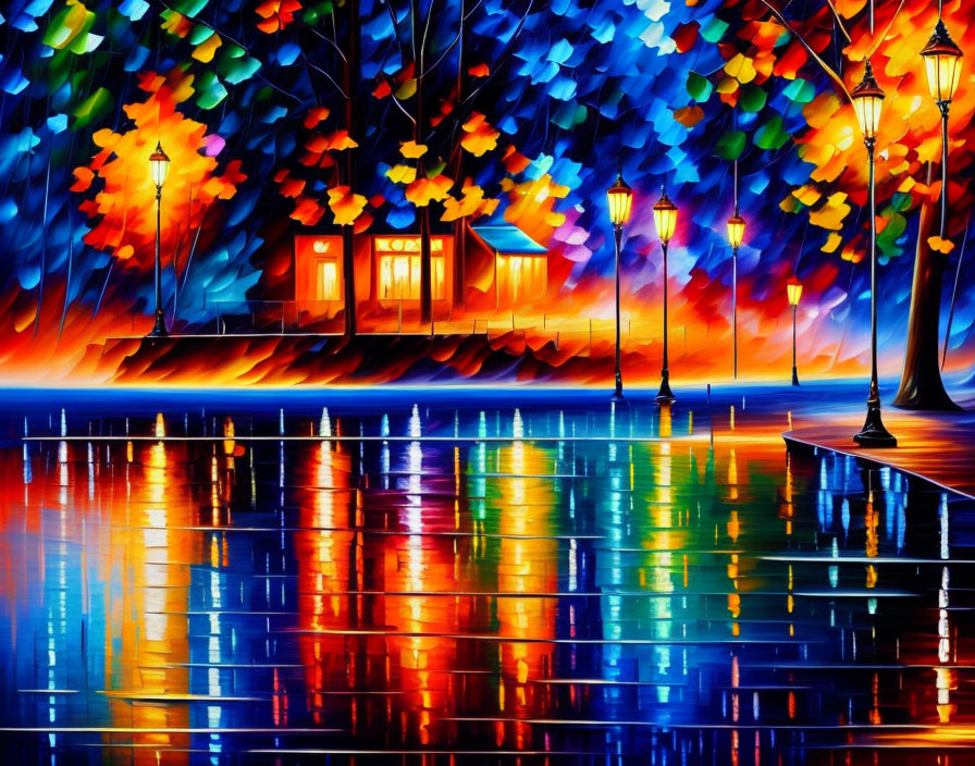 Colorful lakeside twilight painting with cabin, street lamps, and autumn trees.
