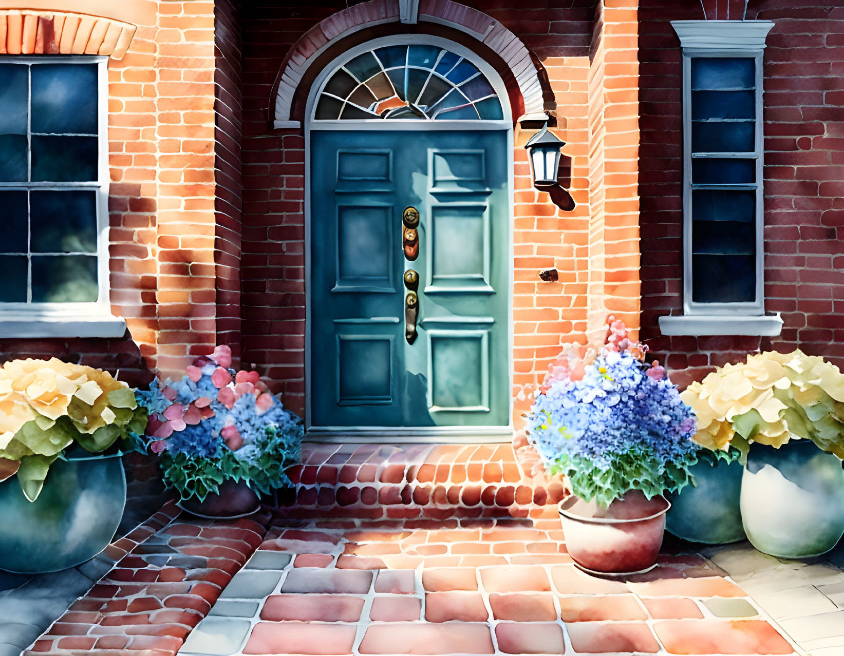 Teal Door, Arched Window, Brick Walls, Hydrangea Bushes in Entryway