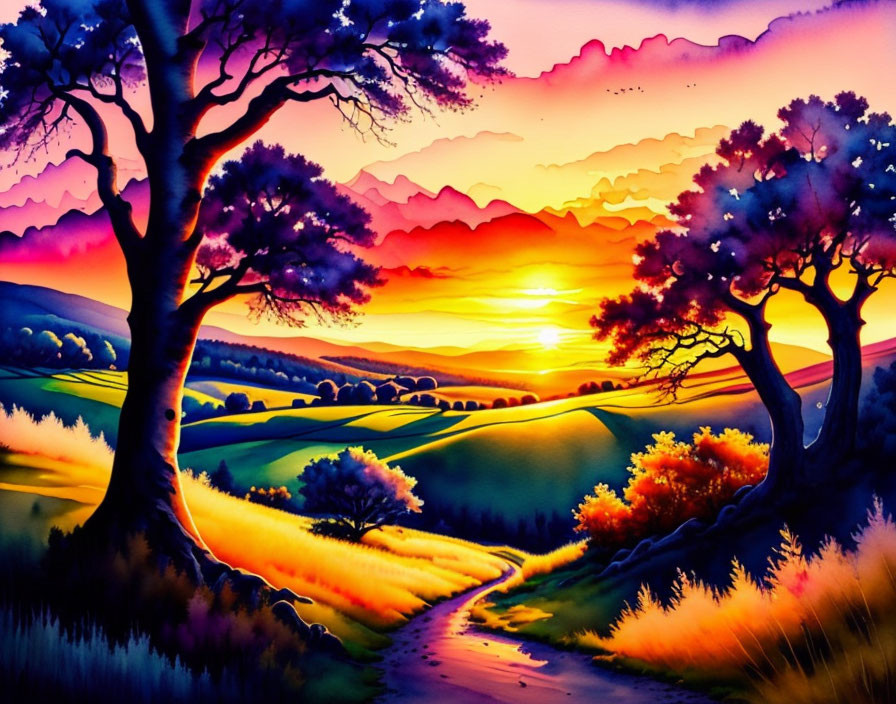 Colorful sunset landscape with silhouetted trees, rolling hills, and winding path