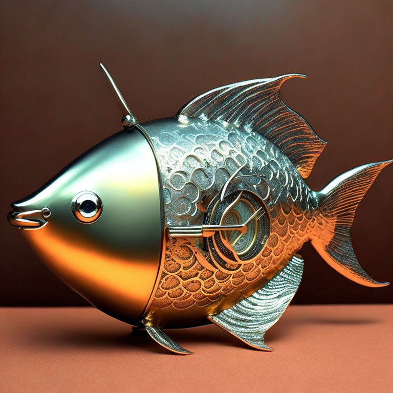 Metallic Fish Sculpture with Intricate Patterns on Brown Background