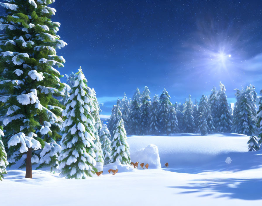 Snow-covered fir trees under starry sky with four rabbits in serene winter scene