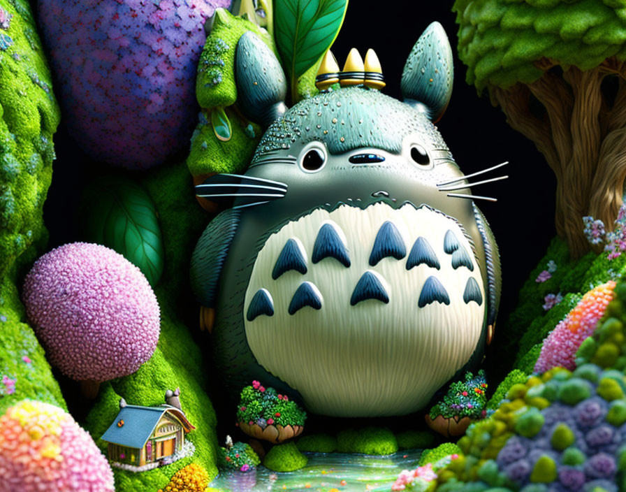 Colorful digital art: Whimsical creature in lush fantasy landscape