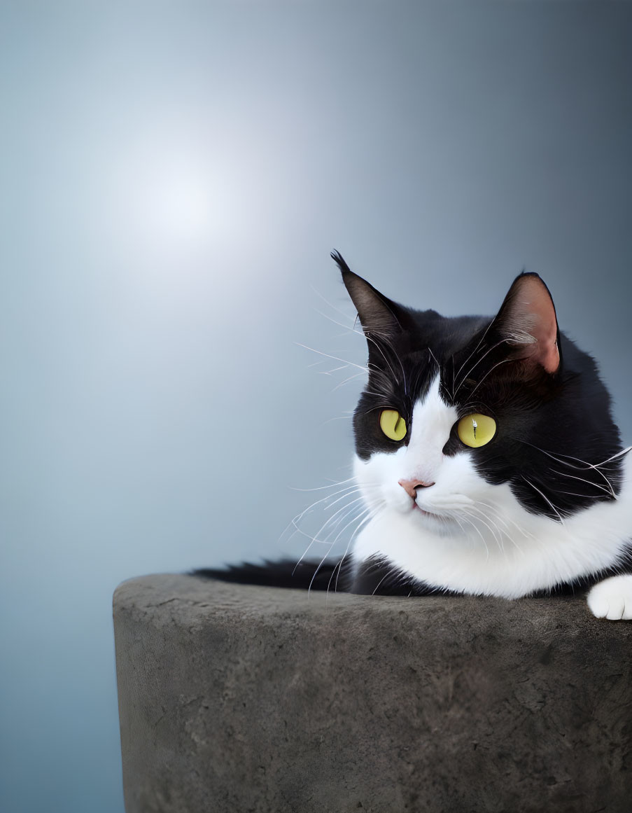 Black and White Cat with Yellow Eyes on Stone Ledge