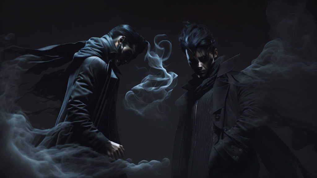 Stylized men in intense face-off under swirling mist