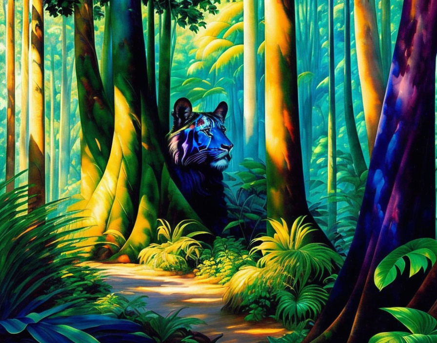 Colorful Jungle Painting: Blue Tiger Amid Sunlit Foliage