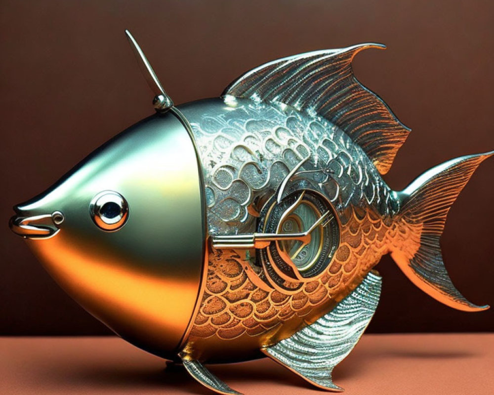 Metallic Fish Sculpture with Intricate Patterns on Brown Background