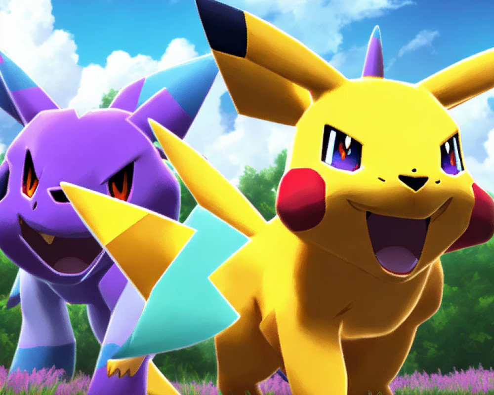 Colorful Pikachu and Nidoking in grassy meadow under blue sky