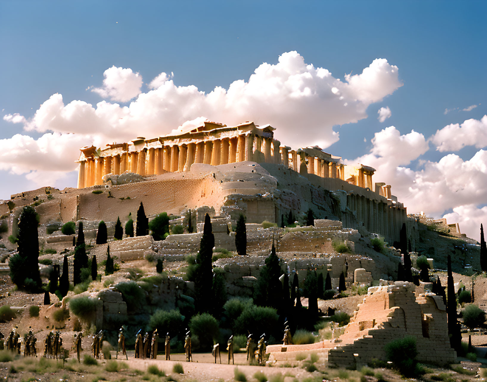 Ancient Parthenon Temple on Acropolis Hill with Dramatic Lighting