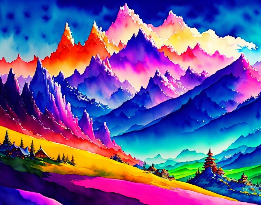 Colorful Mountain Range Painting with Sunset Sky and Pagoda Silhouette