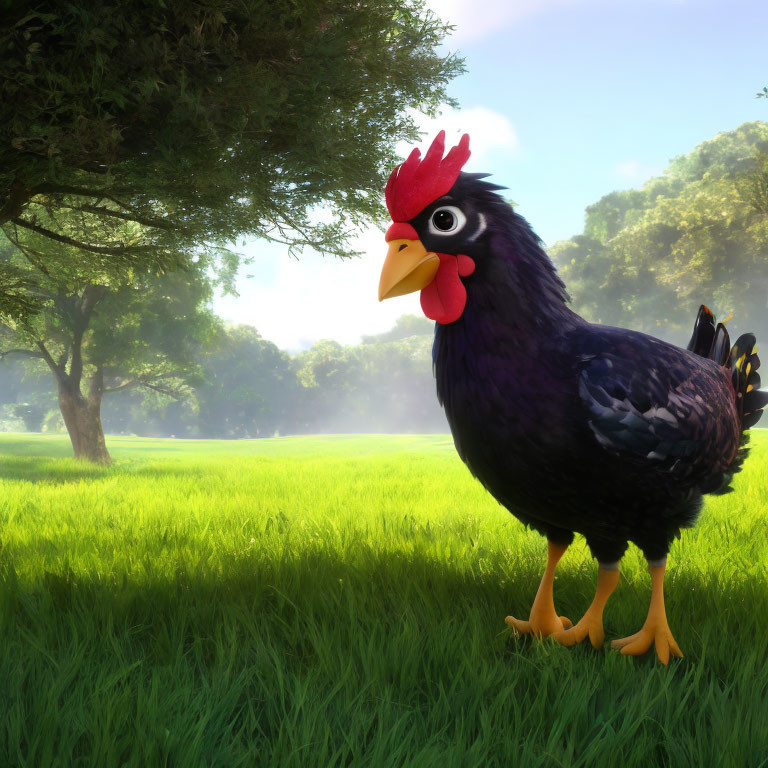 Cartoonish Purple Chicken with Red Comb in Sunny Meadow