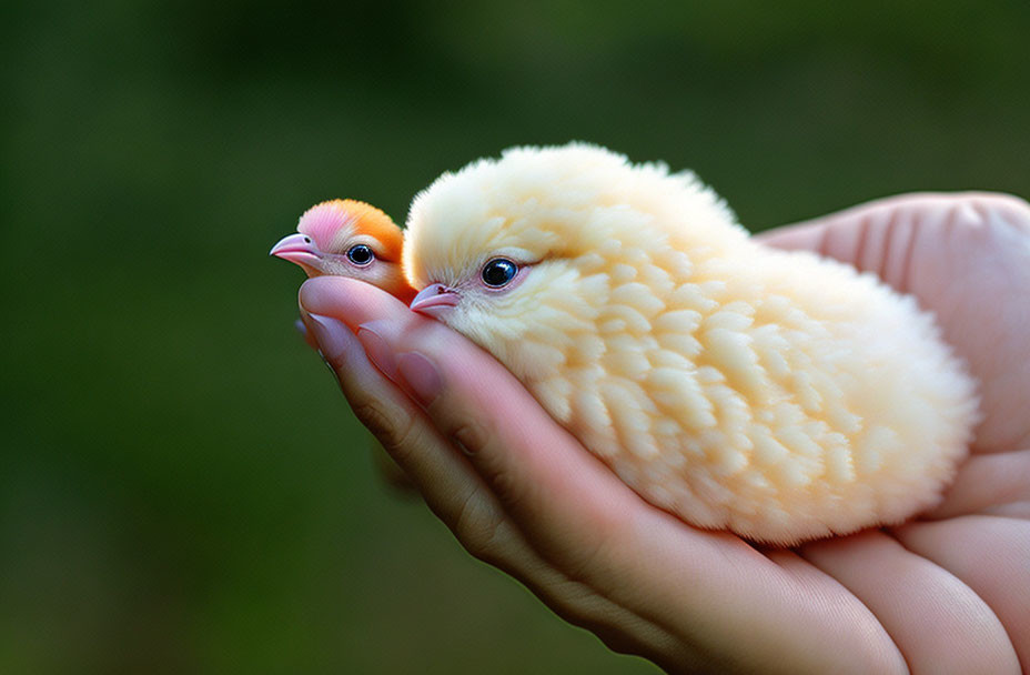 Tiny yellow chick in hands against green backdrop