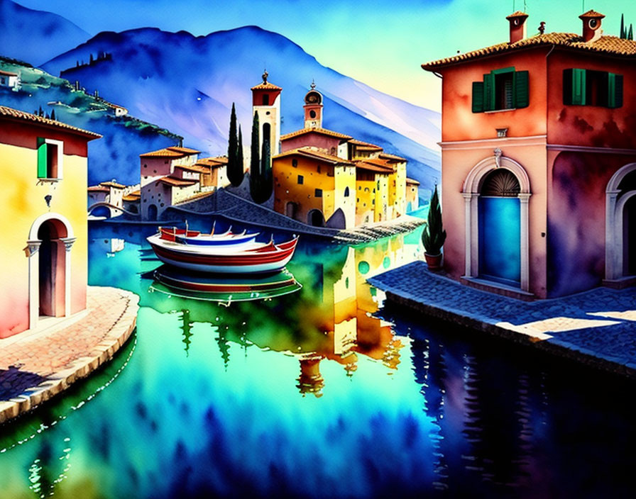 Vibrant Coastal Village Painting with Boats and Mountains