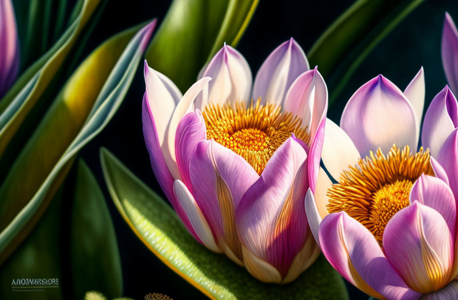 Detailed Close-Up of Purple and White Water Lilies in Green Foliage