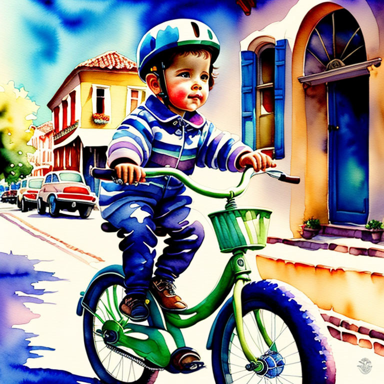 Child on Green Tricycle Riding Through Vibrant Urban Scene