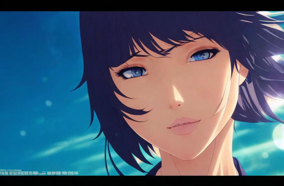 Anime character with blue eyes and black hair in sunlit sky with light particles