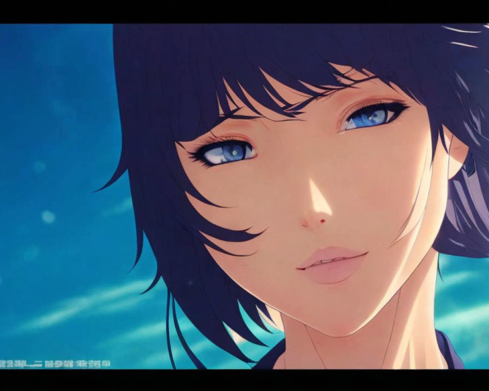 Anime character with blue eyes and black hair in sunlit sky with light particles